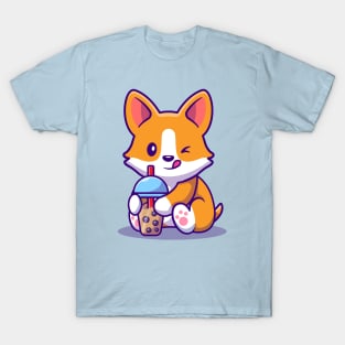 Cute Corgi Drink Milk Tea Boba T-Shirt